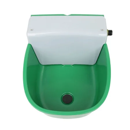 Grünes Kunststoffbecken mit weissem Gehäuseoberteil, seitlichem Anschlussgewinde und zentralem Bodenablauf.