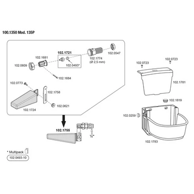 Explosionszeichnung der Ersatzteilkomponenten für Modell 100.1350 Mod. 135P; links dargestellte Baugruppe mit nummerierten Kleinteilen und Verbindungselementen, rechts zwei Ansichten von Behälter- und Deckelkomponenten (mit Griff) inklusive Montageschema und Teilnummern.