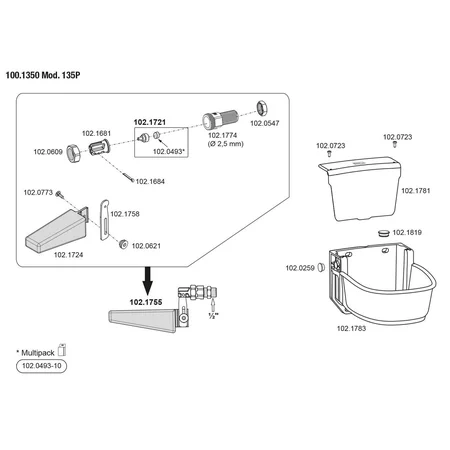 Explosionszeichnung der Ersatzteilkomponenten für Modell 100.1350 Mod. 135P; links dargestellte Baugruppe mit nummerierten Kleinteilen und Verbindungselementen, rechts zwei Ansichten von Behälter- und Deckelkomponenten (mit Griff) inklusive Montageschema und Teilnummern.