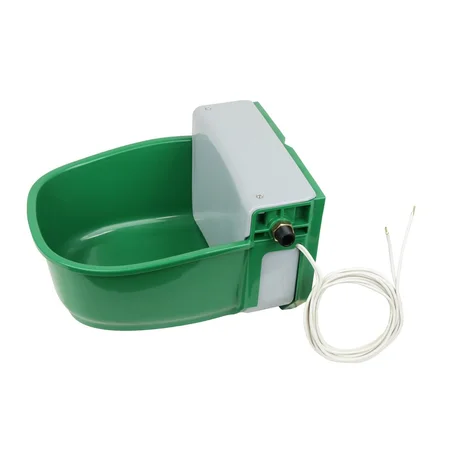 Grüner Kunststoff-Futterspender mit integriertem weissem Steuerkasten und Anschlusskabel – automatischer Tierfutterspender für Kleintiere oder Geflügel