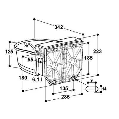 Technische Zeichnung eines rechteckigen Lüftermoduls mit zwei kreisrunden Ventilatoren an der Front, inkl. Masslinien in Millimetern (Länge, Breite, Höhe) und Anschlussmassen.
