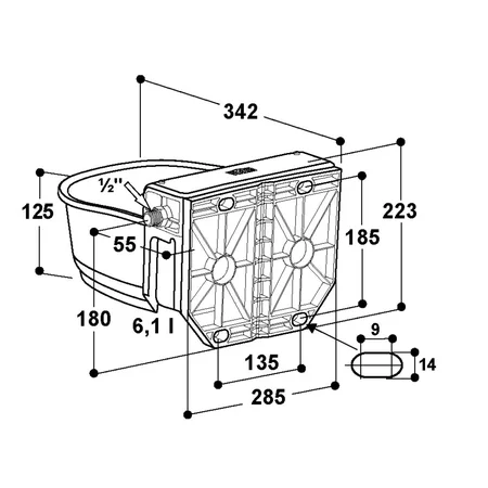 Technische Zeichnung eines rechteckigen Lüftermoduls mit zwei kreisrunden Ventilatoren an der Front, inkl. Masslinien in Millimetern (Länge, Breite, Höhe) und Anschlussmassen.