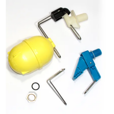 Sanitär-Reparaturkit mit gelbem Schwimmer, blauem Ventilteil, zwei Metallstangen, O-Ring, Mutter und Dichtungen