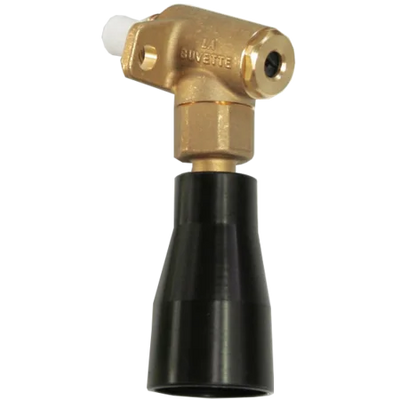 Messing-T-Verteilerventil mit schwarzem Konusaufsatz, Nahaufnahme eines Sanitär- oder Gasventils