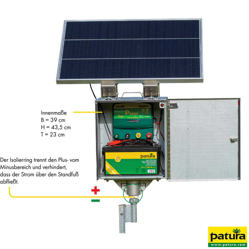 P1500 avec boîtier de sécurité, piquet de terre, batterie Super Vlies 32 Ah et panneau solaire 20 Watt