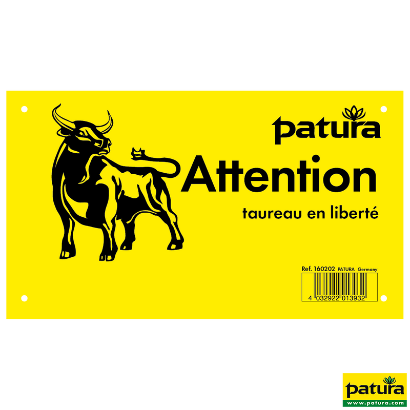 Warning sign, Caution free-roaming bull, plastic - French-