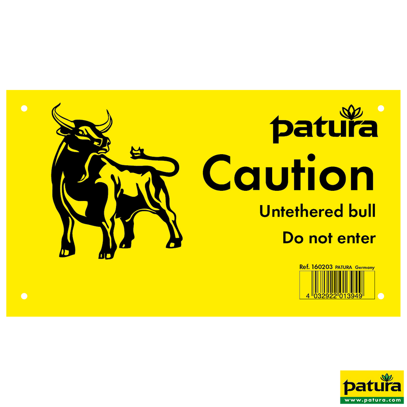 Warning sign, Caution free-roaming bull, plastic -english-