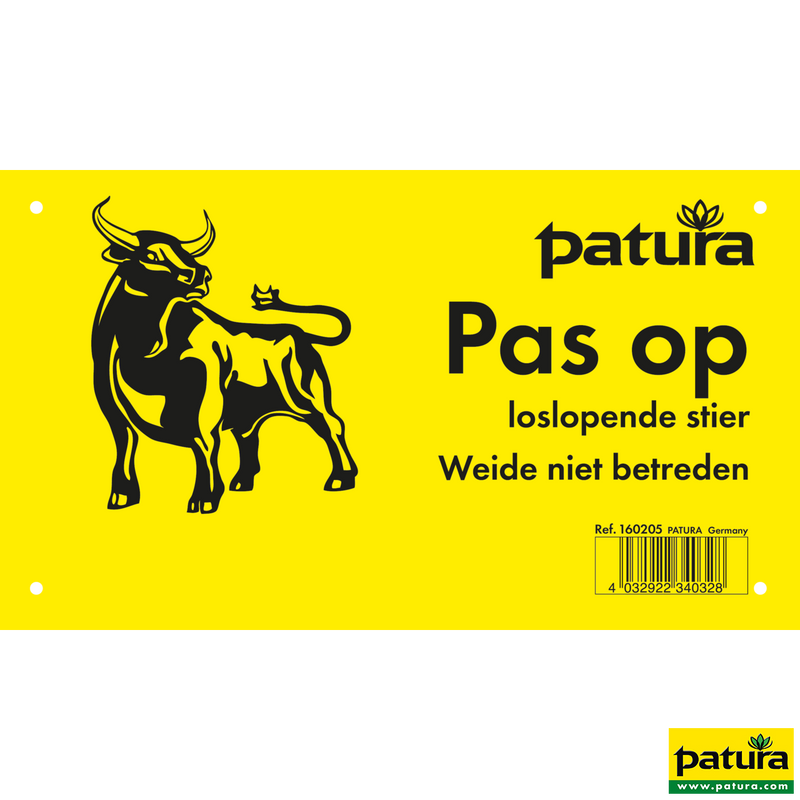 Warning sign, Caution free-roaming bull, plastic -Dutch-