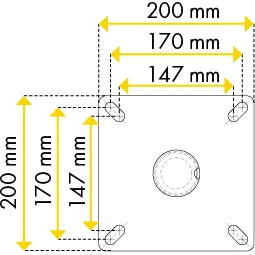 Technische Skizze einer quadratischen Montagesplatte mit vier Eckbohrungen und einer zentralen Rundbohrung; Massangaben in Millimetern (200 mm, 170 mm, 147 mm) zeigen Abstände entlang der oberen und linken Kanten.