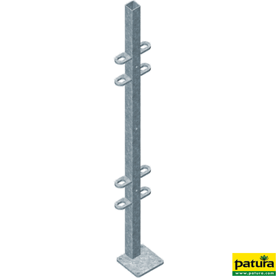 Pfosten Quadrat 40 mm, L= 1,15 m mit Bodenplatte aussermittig mit angeschweissten Laschen