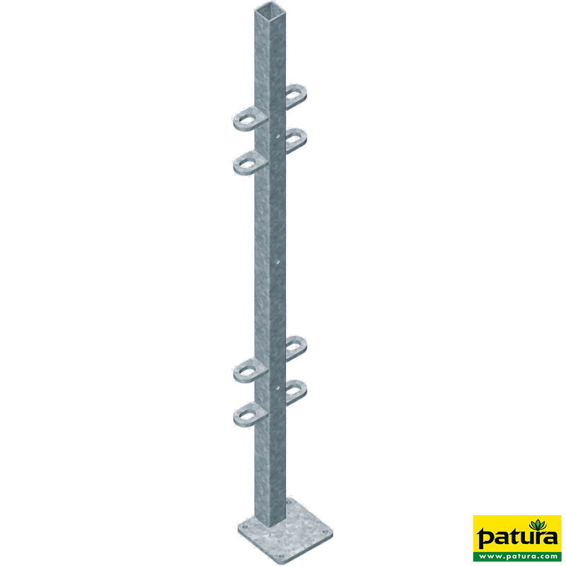 Pfosten Quadrat 40 mm, L= 1,15 m mit Bodenplatte aussermittig mit angeschweissten Laschen