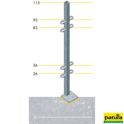 Pfosten Quadrat 40 mm, L= 1,15 m mit Bodenplatte aussermittig mit angeschweissten Laschen