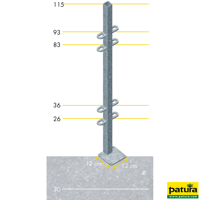 Pfosten Quadrat 40 mm, L= 1,15 m mit Bodenplatte aussermittig mit angeschweissten Laschen