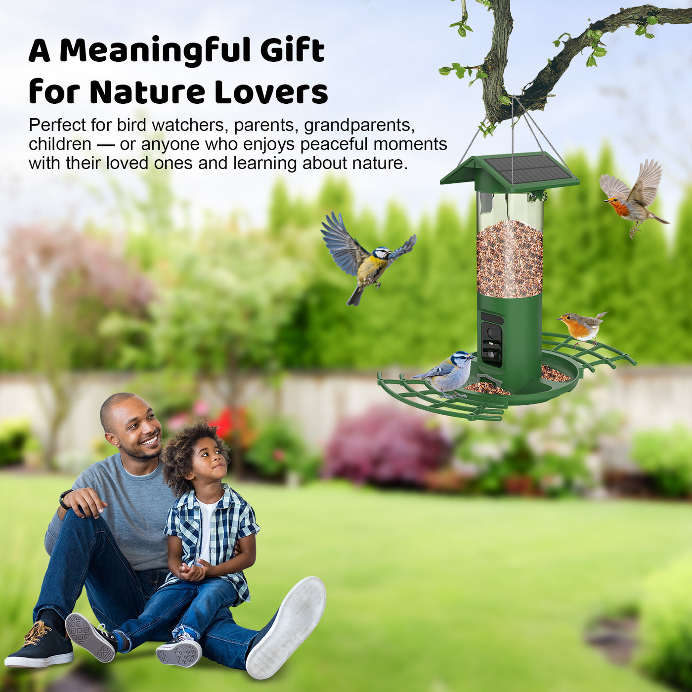 Grüner, hängender Vogelfutterspender im Garten mit fliegenden Vögeln; Vater und Sohn sitzen lachend auf dem Gras, Hintergrund grüner Garten; Bildtitel „A Meaningful Gift For Nature Lovers“.