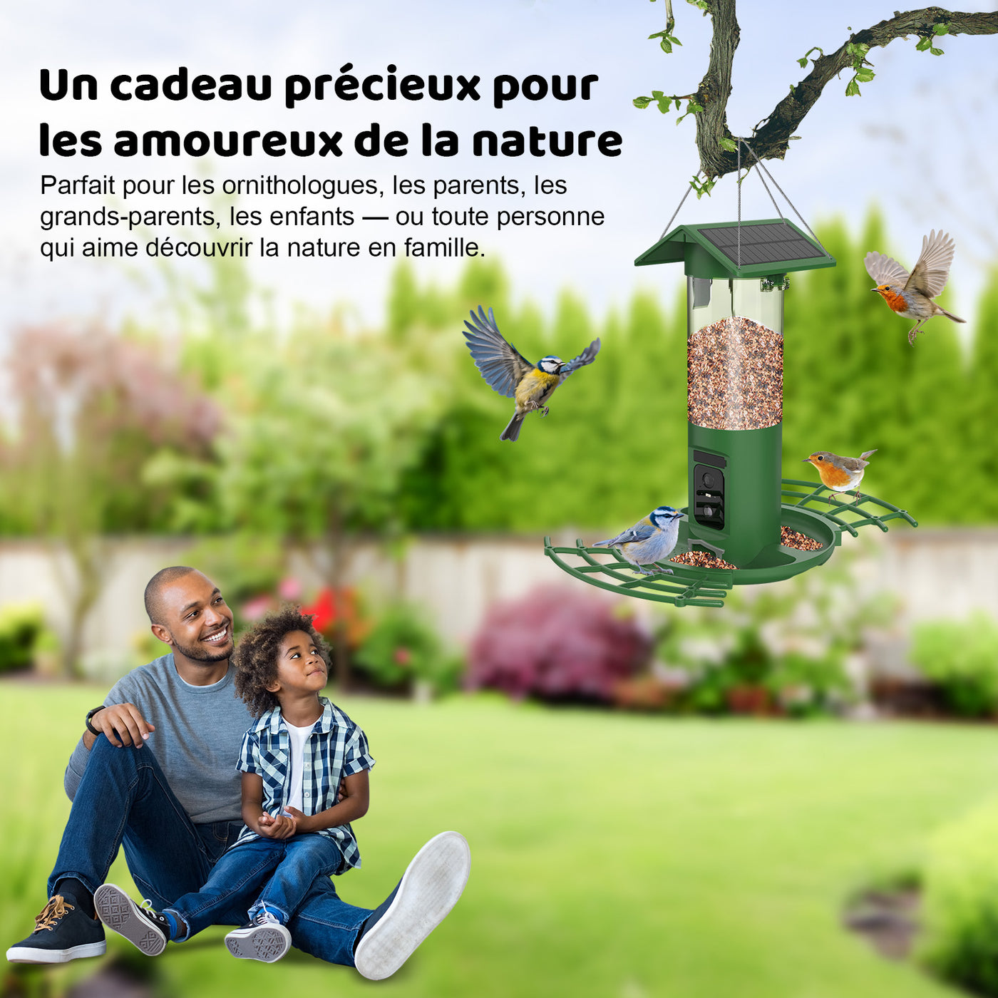 Grüner Vogelfutterspender hängt an einem Ast im Garten; mehrere Vögel fliegen darum; ein Mann und ein Kind sitzen lachend auf dem grasbewachsenen Rasen und beobachten die Natur; französischer Werbetext im oberen Bild.