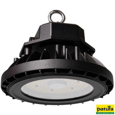 Patura Industrie-LED-High-Bay-Leuchte mit Aufhängehaken, schwarzes Gehäuse und rundem LED-Leuchtmodul.