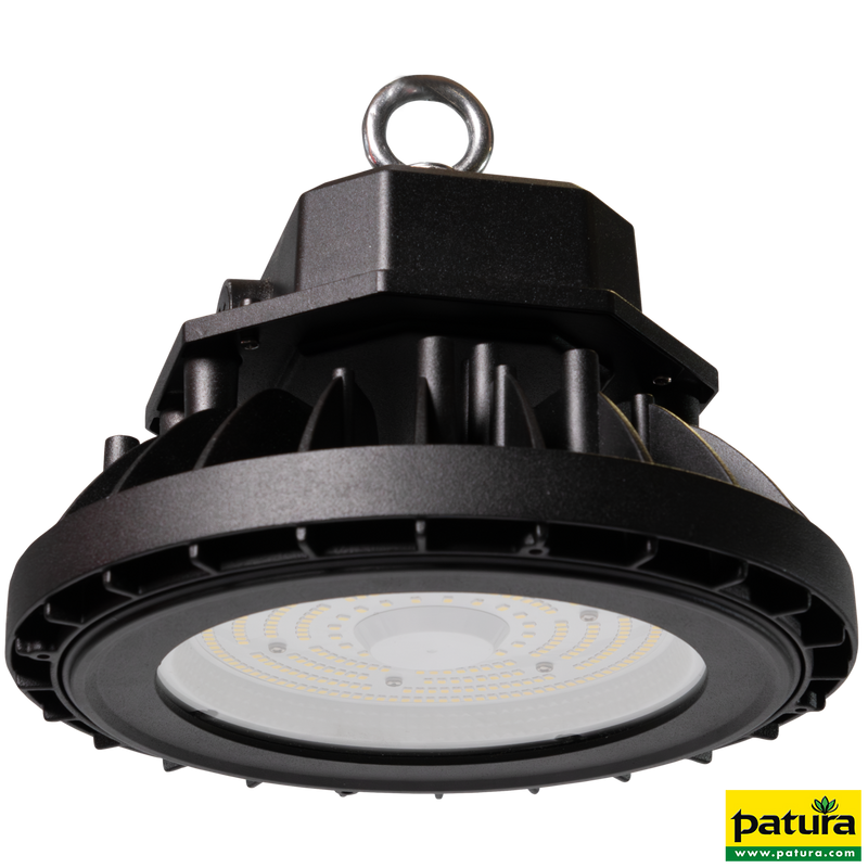 Patura Industrie-LED-High-Bay-Leuchte mit Aufhängehaken, schwarzes Gehäuse und rundem LED-Leuchtmodul.