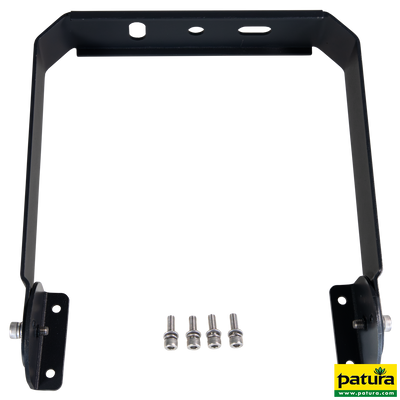 Schwarzer Metall-Montagerahmen mit seitlichen Befestigungslaschen und Oberkante mit Löchern, inklusive vier Schrauben; Patura-Logo unten rechts.