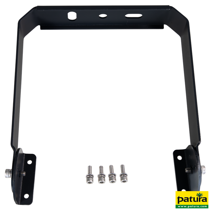 Schwarzer Metall-Montagerahmen mit seitlichen Befestigungslaschen und Oberkante mit Löchern, inklusive vier Schrauben; Patura-Logo unten rechts.