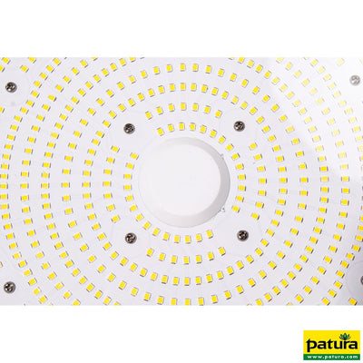 Rundes LED-Lichtpanel mit konzentrisch angeordneten gelben LEDs, zentrale weisse Abdeckung, sichtbare Schrauben; Patura-Logo unten rechts.