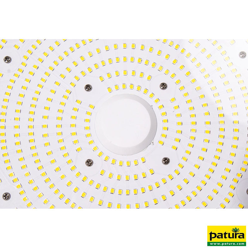 Rundes LED-Lichtpanel mit konzentrisch angeordneten gelben LEDs, zentrale weisse Abdeckung, sichtbare Schrauben; Patura-Logo unten rechts.