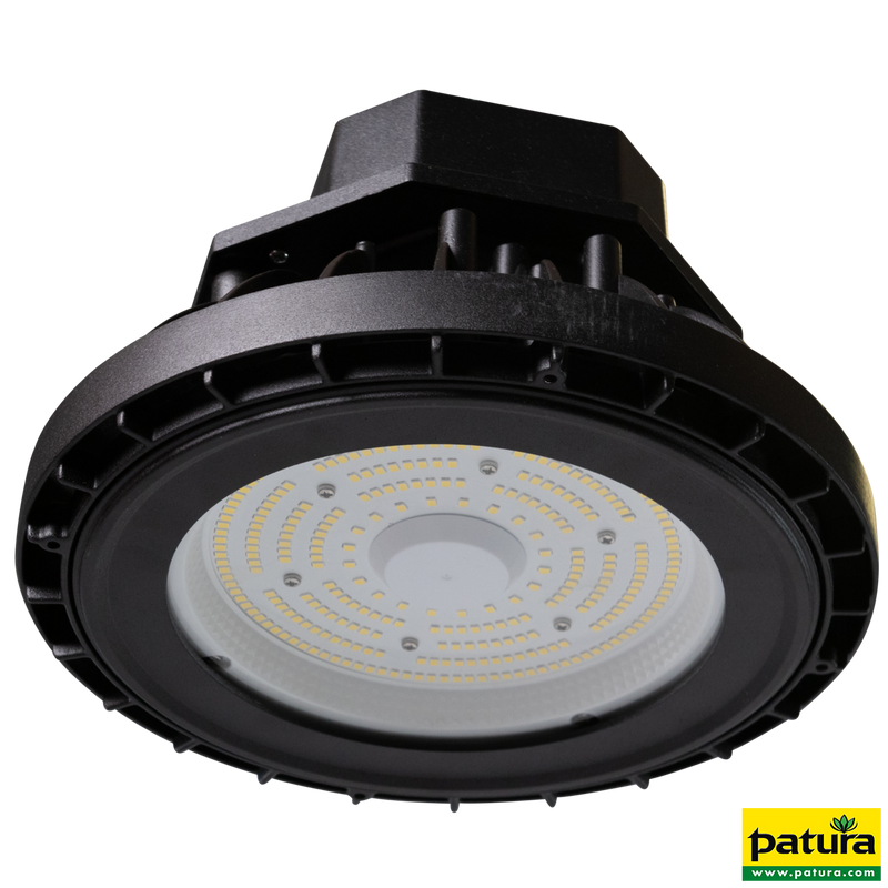 Runde LED-High-Bay-Deckenleuchte mit schwarzem Gehäuse und sichtbarer LED-Plattform; Patura-Logo unten rechts.