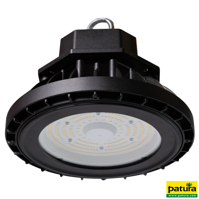 Runde LED-High-Bay-Lichtleuchte in schwarzem Gehäuse mit Aufhängehaken, ideal für Industrie- und Lagerhallenbeleuchtung