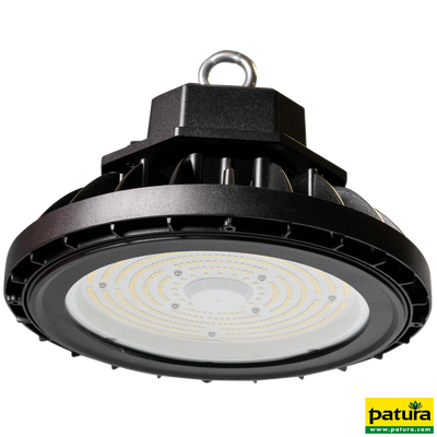 Patura LED-High-Bay-Hallenleuchte mit schwarzem Gehäuse, rundem Leuchtenkopf und Aufhängeöse oben – industrielle Beleuchtungslösung.