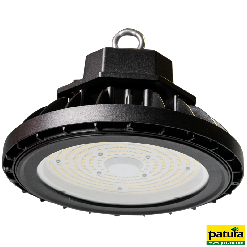 Patura LED-High-Bay-Hallenleuchte mit schwarzem Gehäuse, rundem Leuchtenkopf und Aufhängeöse oben – industrielle Beleuchtungslösung.