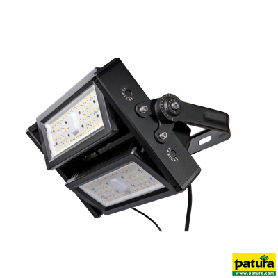 LED-Flutlicht mit zwei LED-Panels in schwarzem Gehäuse, verstellbarem Halterarm und Einstellrad; Patura-Logo unten rechts.