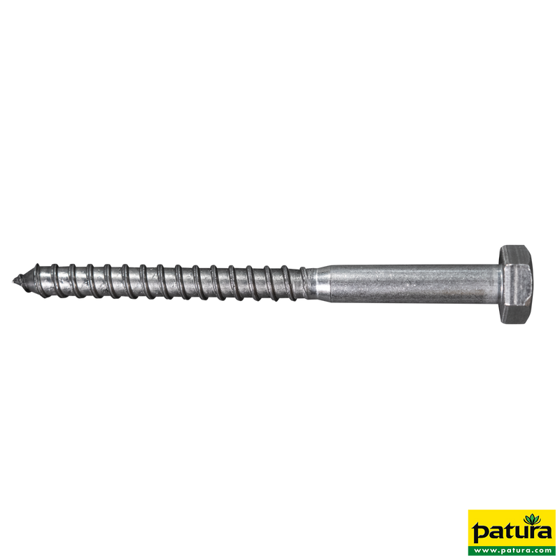 Metall-Lagenschraube mit grobem Gewinde und Sechskantkopf vor schwarzem Hintergrund; Patura-Logo unten rechts.