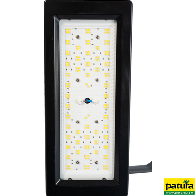 LED-Strassenleuchte in schwarzem Gehäuse mit grossem rechteckigem LED-Panel, zahlreiche gelbe LEDs auf weisser Leiterplatte, Kabelanschluss sichtbar, Patura-Logo unten rechts.