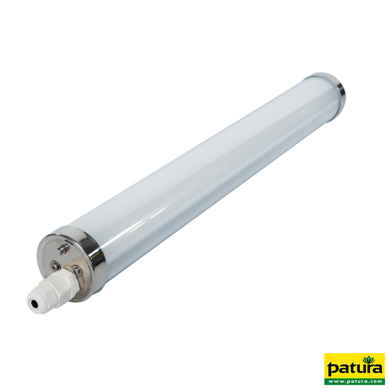 UV-C-Sterilisationslampe von Patura – lange transparente Glasröhre mit Metallkappen und Anschluss am linken Ende.