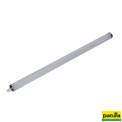Weisse, lange Leuchtstoffröhre mit silbernen Endkappen, diagonal im Bild platziert; Patura-Logo im unteren rechten Bildrand.