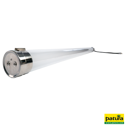 Lange, glänzende Metallröhre mit runder Endkappe und Kabel am rechten Ende; Patura-Logo unten rechts sichtbar.