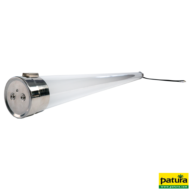 Lange, glänzende Metallröhre mit runder Endkappe und Kabel am rechten Ende; Patura-Logo unten rechts sichtbar.