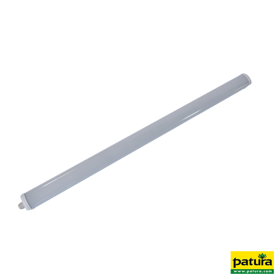 Diagonale, lange weisse Leuchtstoffröhre mit Endkappen vor schwarzem Hintergrund; Patura-Logo unten rechts.