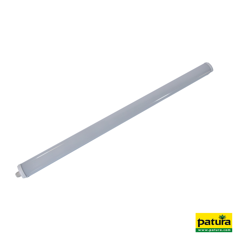 Diagonale, lange weisse Leuchtstoffröhre mit Endkappen vor schwarzem Hintergrund; Patura-Logo unten rechts.