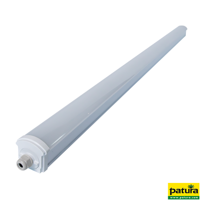 Langgestreckte weisse LED-Lichtleiste mit Endstück und Anschlusskappe, Patura-Produkt.