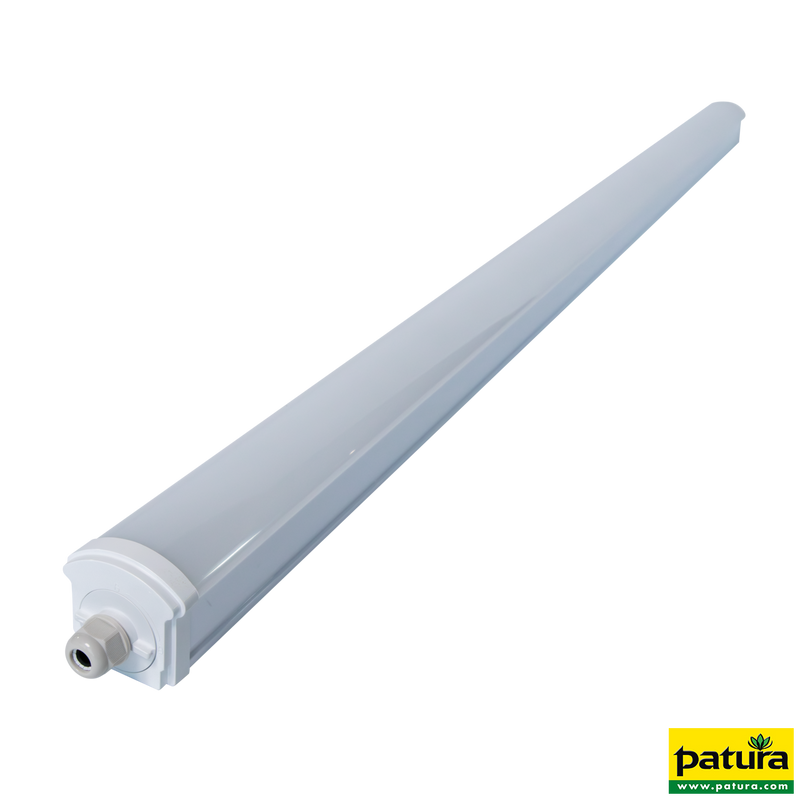 Langgestreckte weisse LED-Lichtleiste mit Endstück und Anschlusskappe, Patura-Produkt.