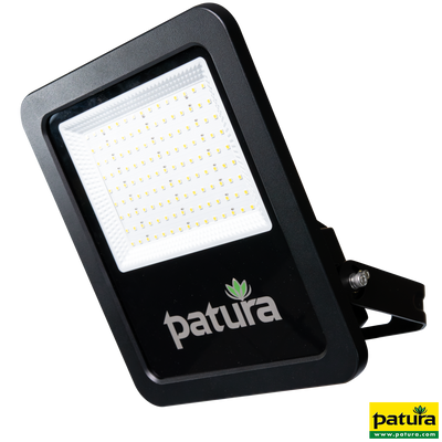 Patura LED-Flutlicht, schwarzes Gehäuse, grosses LED-Panel, Montagehalterung – ideal für Aussenbeleuchtung.