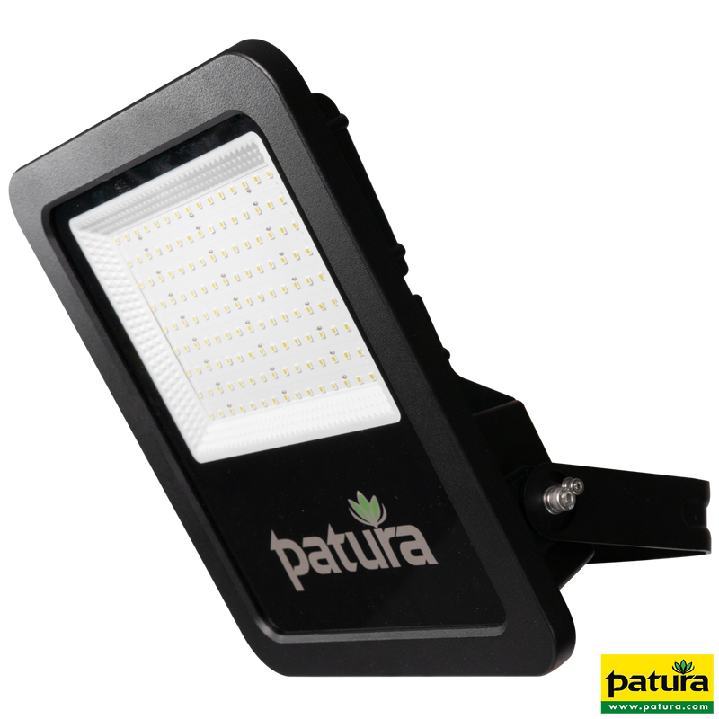 Patura LED-Flutlicht mit schwarzem Gehäuse, grossem LED-Panel und Montagehalterung.