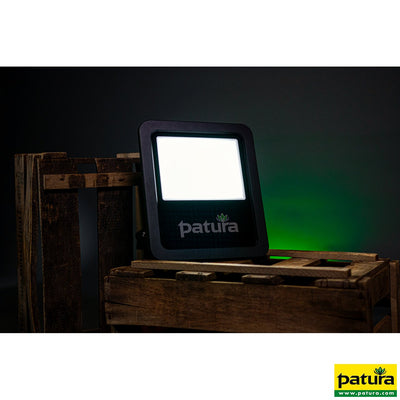 Patura LED-Arbeitsleuchte in schwarzem Gehäuse auf Holzpaletten, beleuchtetes weisses Panel, grünlicher Hintergrund; Patura-Logo sichtbar.