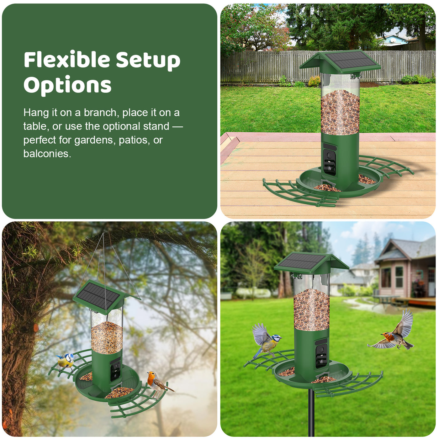 Collage aus vier Bildern: Oben links grüne Fläche mit weissem Text „Flexible Setup Options“; oben rechts grüne Vogelfutterstation mit Solarpanel auf einer Holzterrasse; unten links hängende Vogelfutterstation vor Waldhintergrund; unten rechts grüne Vogelfutterstation im Garten mit Vögeln um sie herum.