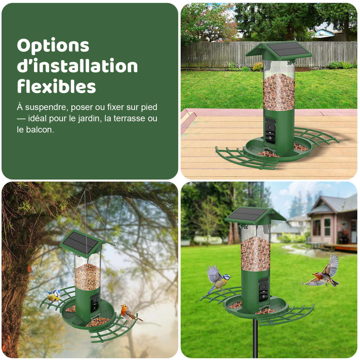 Vierteilige Collage eines grünen Solar-Vogelfutterspenders mit flexiblen Installationsoptionen (Aufhängen, Aufstellen oder Bodenständer) in Garten- und Baumhintergrund; linke grüne Textfläche mit dem französischen Titel „Options d'installation flexibles“.