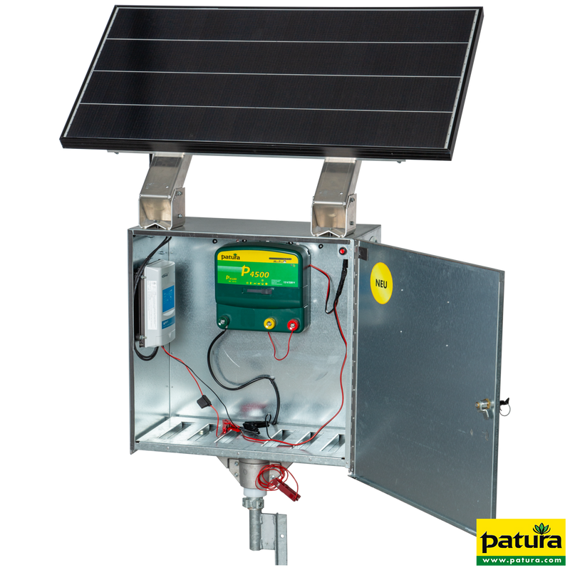 P4500 con cassetta di sicurezza XL, modulo solare da 110 W, batteria superpile da 100 Ah, asta di terra e piede di stabilizzazione