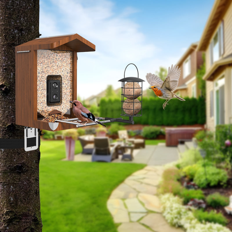 Holz-Vogelfütterung am Baumstamm im Garten mit Meisenknödel-Halter und Futterteller; ein Vogel sitzt am Teller, ein zweiter fliegt daneben; Hintergrund mit grünem Rasen, Gartenmöbeln und Häusern.