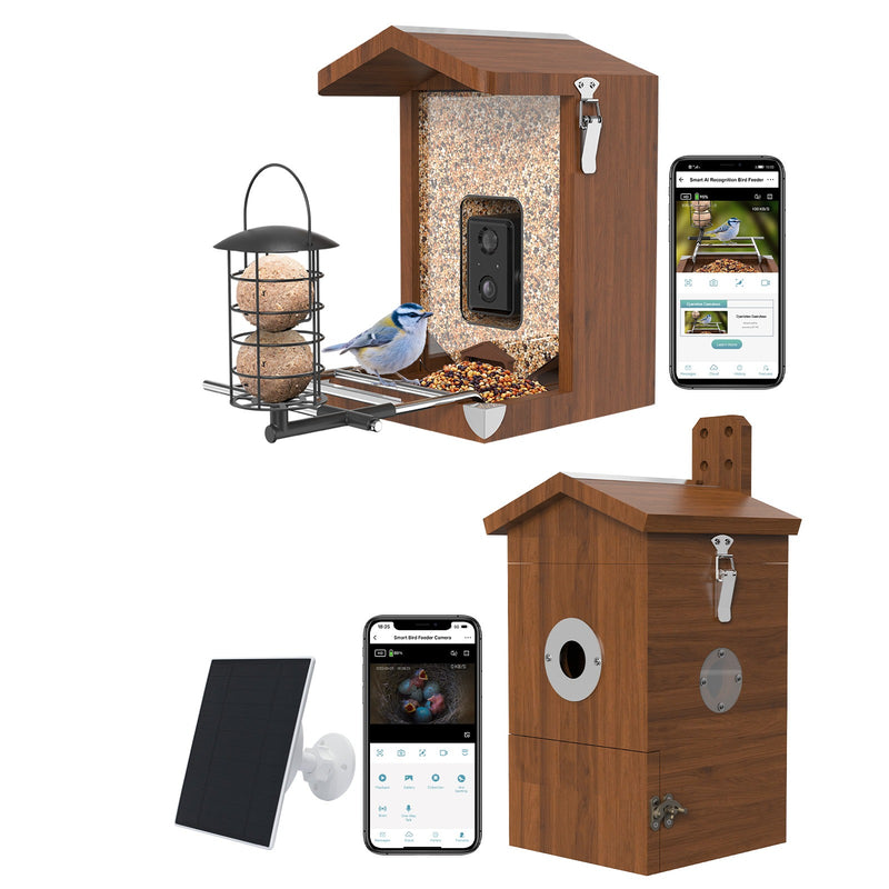 Bundle Bild von den Vogelhäusern mit Kamera von Sanilu - Der Nistkasten hat ein Solarpanel dabei, das Vogelfutterhaus hat keines