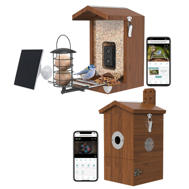 Bundle Bild von den Vogelhäusern mit Kamera von Sanilu - Das Vogelfutterhaus hat ein Solarpanel dabei, der Nistkasten nicht