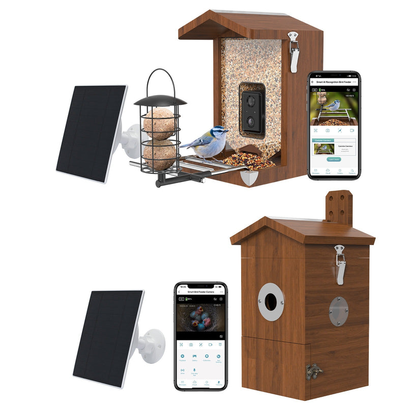 Holz-Vogelfutterhaus mit integrierter Kamera, Solarpanel und App-Steuerung zur Vogelbeobachtung.